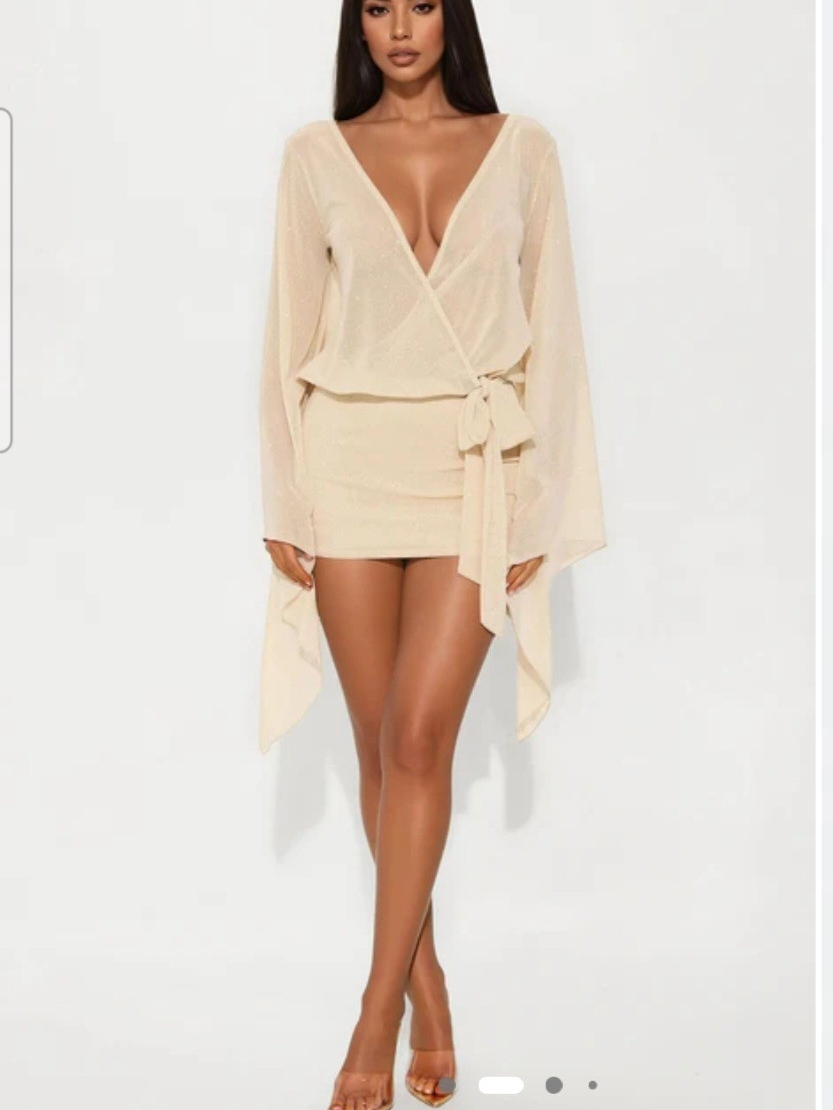 Glitter Mesh Fashion Nova Beige Wrap Mini Dress